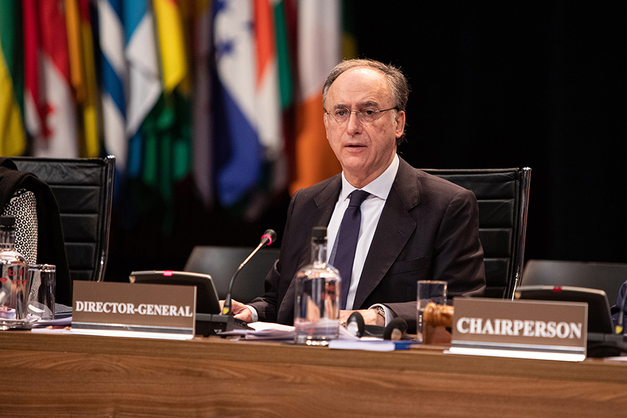 OPCW Director-General Fernando Arias speaks to the 24th session of the Conference of States Parties to the Chemical Weapons Convention in The Hague on November 25. He described strong progress toward eliminating chemical weapons, while highlighting remaining challenges. (Photo: OPCW)