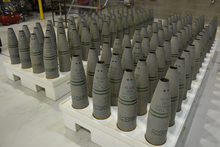 Pallets of agent-filled 155mm munitions are ready for processing at the U.S. Pueblo Chemical Agent-Destruction Pilot Plant in June. More than 93 percent of the U.S. chemical weapon stockpile has been destroyed, and the remaining stocks are scheduled to be eliminated by the end of 2023. (Photo: PEO ACWA)
