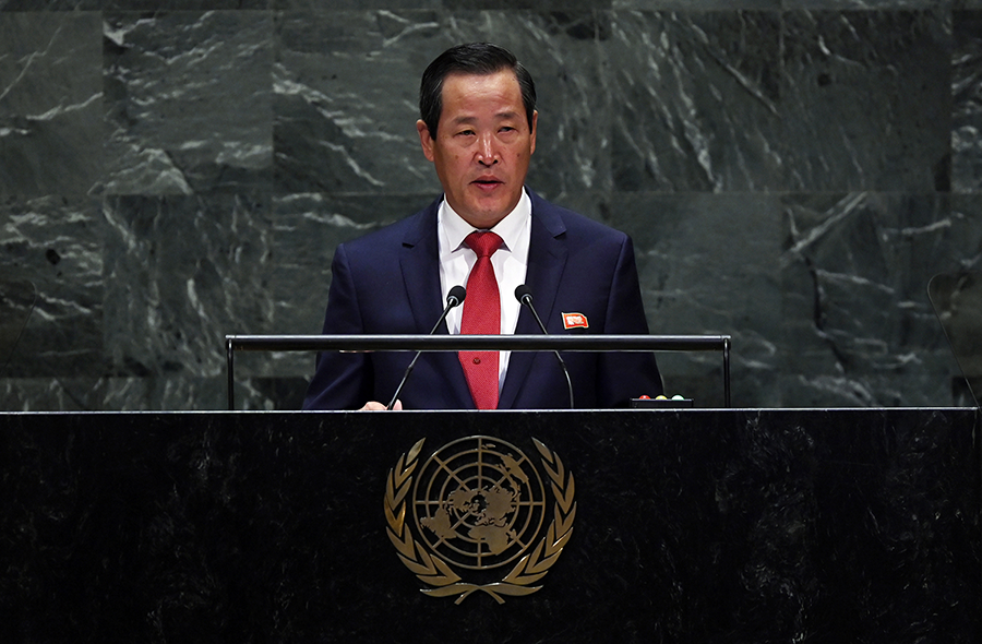 North Korean delegation leader Kim Song addresses the UN General Assembly on September 30, telling the diplomats that easing U.S.-North Korean tensions depends entirely on U.S. actions. (Photo: Johannes Eisele/AFP/Getty Images)