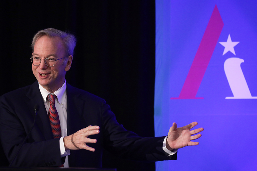 Eric Schmidt, executive chairman of Google's parent company Alphabet Inc., speaks during a National Security Commission on Artificial Intelligence conference on Nov. 5. He chaired the Defense Innovation Board which recently issued recommendations on the military use of artificial intelligence. (Photo by Alex Wong/Getty Images)