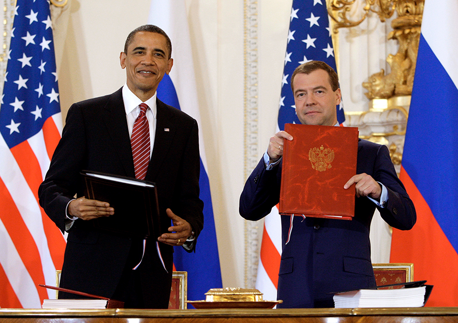 U.S. President Barack Obama and Russian President Dmitry Medvedev hold documents after signing New START on April 8, 2010. If the treaty expires in one year, the United States would lose its ability to conduct on-the-ground verification in Russia and would have reduced confidence its assessment of Russian nuclear forces. (Photo: Dmitry Astakhov/AFP/Getty Images)