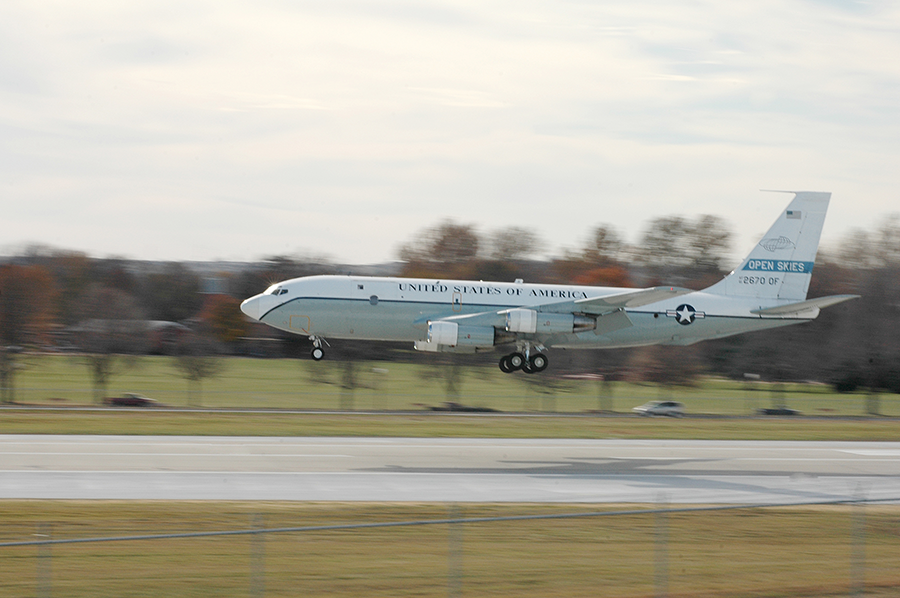 A U.S. OC-135 aircraft used to conduct overflights for the Open Skies Treaty lands at Offut Air Force Base, Nebraska.  (Photo: U.S. Air Force)