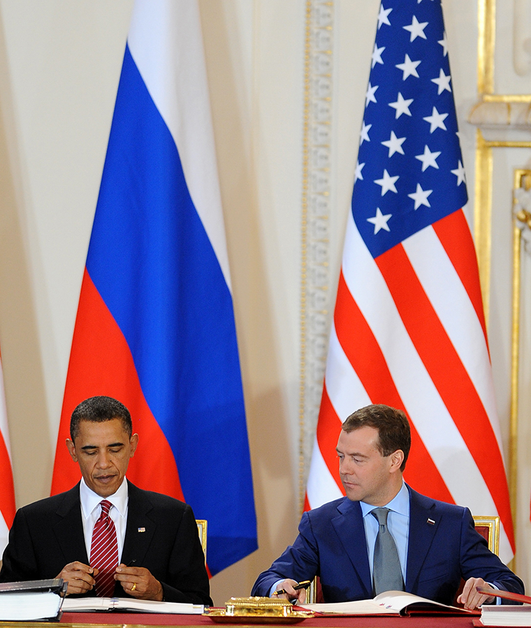 U.S. President Barack Obama and Russian President Dmitry Medvedev sign the New Strategic Arms Reduction Treaty (New START) in Prague on April 8, 2010. It will not be possible to complete a new nuclear weapons treaty with China before New START's scheduled expiration in one year, according to Amb. Jeffrey Eberhardt, special representative of the president for nuclear nonproliferation. (Photo: Joe Klamar/AFP/Getty Images)
