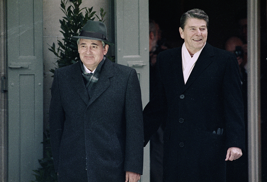 Soviet leader Mikhail Gorbachev and U.S. President Ronald Reagan arrive at a session of their 1985 summit in Geneva. Their agreement that "a nuclear war cannot be won and must never be fought" was the most notable achievement of the summit. (Photo: Bettman/Getty Images) 