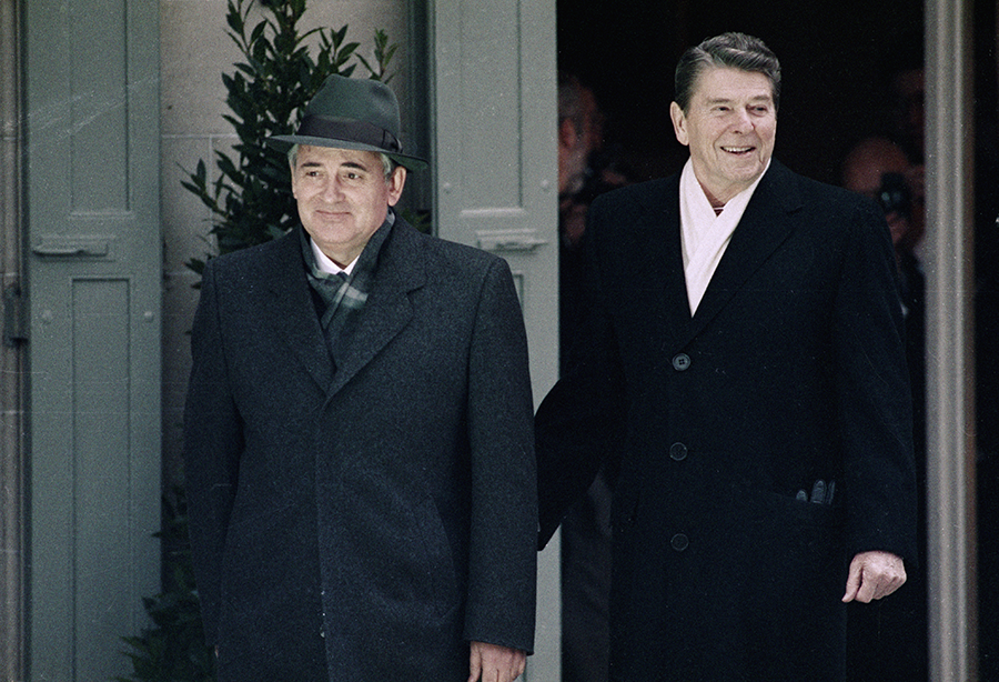 Soviet leader Mikhail Gorbachev and U.S. President Ronald Reagan arrive at a session of their 1985 summit in Geneva. Their agreement that 