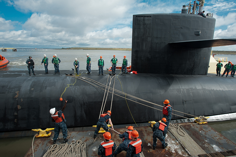 The Ohio-class ballistic missile submarine USS Tennessee returns to base in Kings Bay, Georgia in 2011. The boat is reportedly the first to have some of its missiles armed with low-yield nuclear warheads. (Photo: James Kimber/U.S. Navy)