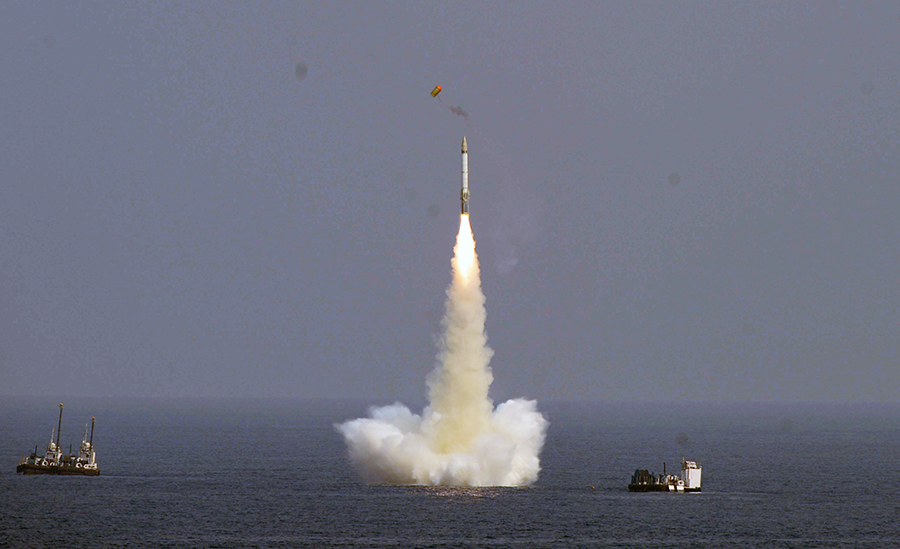 India tests its K-4 missile from a submerged platform in January. The Indian Navy plans to deploy the 3,500-kilometer-range missile on Arihant-class submarines. (Photo: Pallava Bagla/Corbis/Getty Images)