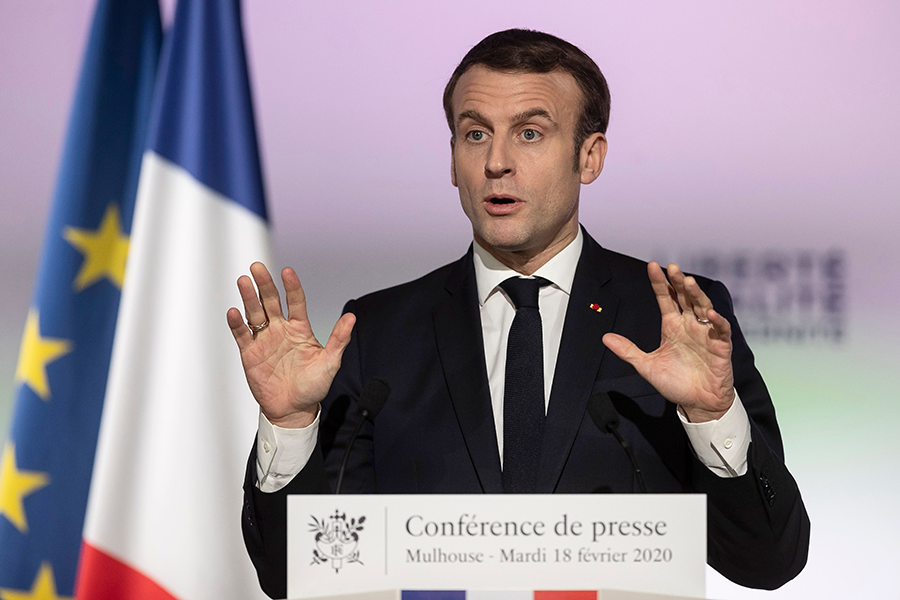 French President Emmanuel Macron speaks in France on Feb. 18. Citing a decline in multilateralism, he proposed earlier in the month that France's nuclear weapons provide a larger role for European security. (Photo: Jean-Francois Badias/Pool/AFP/Getty Images)