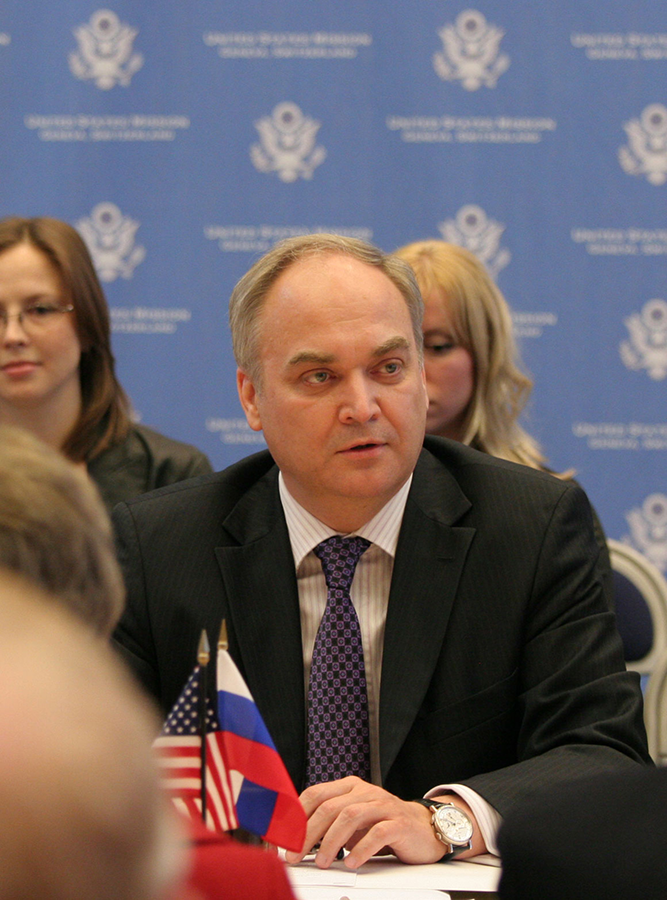 Ambassador Anatoly Antonov, then director of the Russian Foreign Ministry's Department of Security and Disarmament Affairs, speaks at the closing plenary of the New START negotiations on Apr. 9, 2010, one day after the treaty was signed in Prague by the U.S. and Russian presidents. (Photo: Eric Bridiers/U.S. Mission, Geneva)