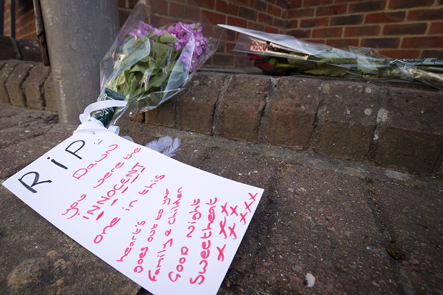Flowers are left in memory of Dawn Sturgess at the Salisbury, UK, facility where she died after being exposed to a nerve agent in 2018. Not targeted, she was the only death from the use of the chemical weapon agent. (Photo: Matt Cardy/Getty Images)