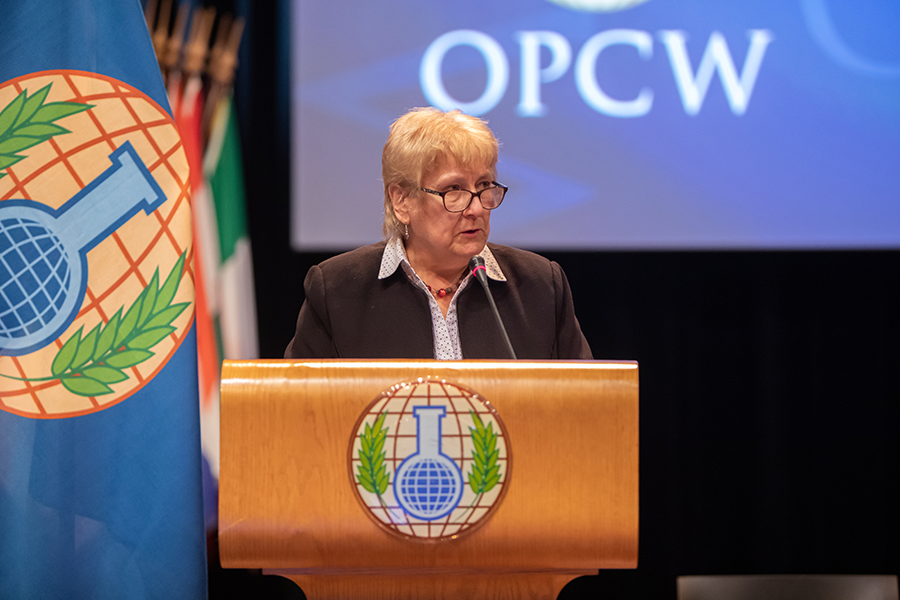 UK Defense Ministry official Annabel Goldie speaks to OPCW's Conference of States Parties on Nov. 25, 2019. She called for the adoption of a joint proposal to amend the CWC's list of most lethal chemical agents. (Photo: OPCW)