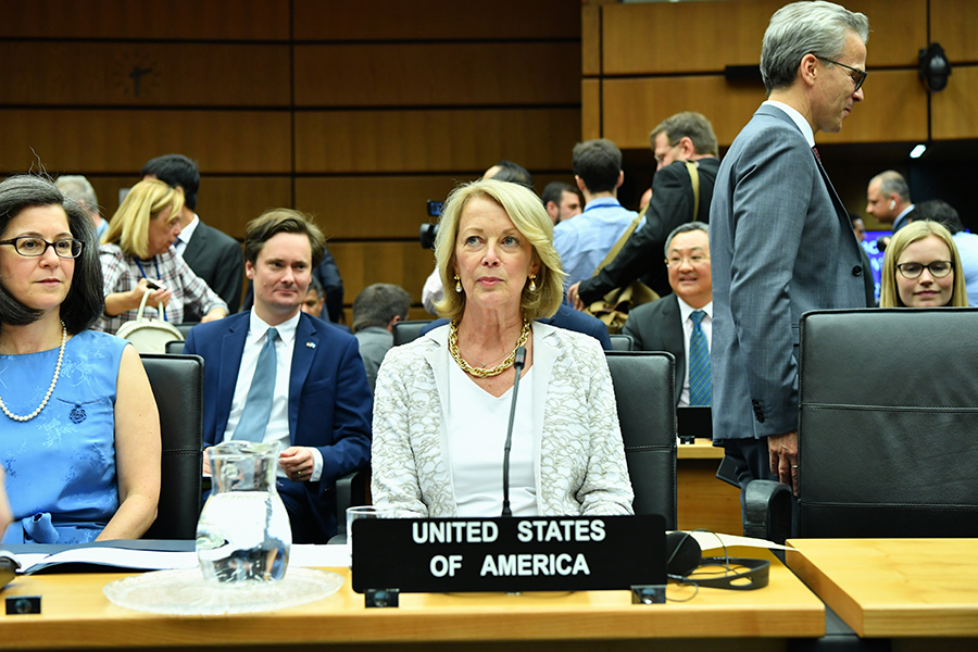 Amb. Jackie Wolcott, U.S. representative to the IAEA, attends an agency meeting in July 2019. She raised "very serious concerns" about Iran's compliance with its IAEA nuclear safeguards agreement. (Photo: Dean Calma/IAEA)