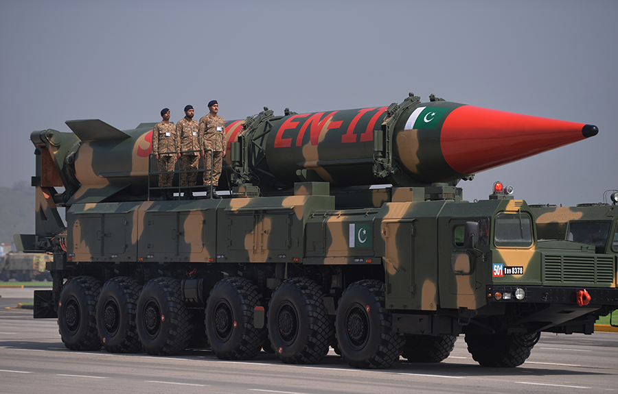 A solid-fuel Shaheen 2 missile is displayed in a Pakistani military parade in March 2018. On Feb. 3, Indian authorities confiscated equipment they said was bound for Pakistan's missile program (Photo: Aamir Qureshi/AFP/Getty Images)