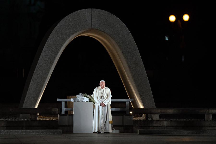 Pope Francis stands next to the Memorial Cenotaph during his visit to the Peace Memorial Park in Hiroshima on Nov. 24, 2019. (Photo: Carl Court/Getty Images)