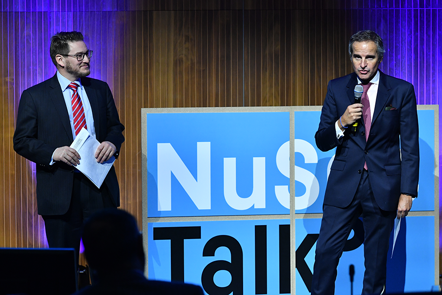 IAEA Director General Rafael Grossi (right) speaks at the opening of the NuSec Talks series at the agency's third International Conference on Nuclear Security on Feb. 11. (Photo: Dean Calma/IAEA)