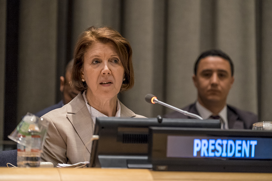 Taous Feroukhi, president of the 2015 NPT Review Conference, speaks at a conference event on April 27, 2015. Some of her actions frustrated the U.S. delegation to the conference. (Photo: Cia Pak/Scannews/IAEA)