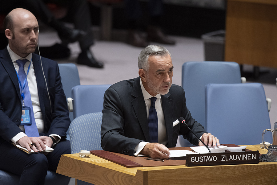 Argentine diplomat Gustavo Zlauvinen, the president-designate of the 2020 review conference for the nuclear Nonproliferation Treaty, speaks to the UN Security Council on Feb. 26. He announced in April that he was seeking to postpone the review conference until January 2021. (Photo: Evan Schneider/UN)