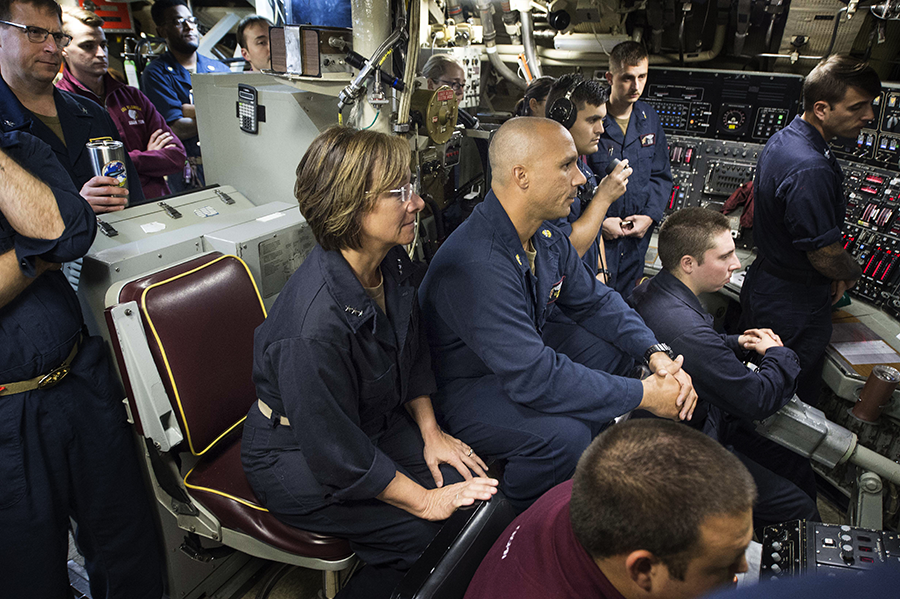 Vice Adm. Lisa Franchetti, commander of U.S. 6th Fleet, center, reviews dive procedures in the control room the ballistic missile submarine USS Florida in the Mediterranean on Oct. 15, 2019. To maintain readiness, U.S. ballistic missile submarine crews were taking special measures to prevent the spread of the coronavirus.  (Photo: Drew Verbis/U.S. Navy)