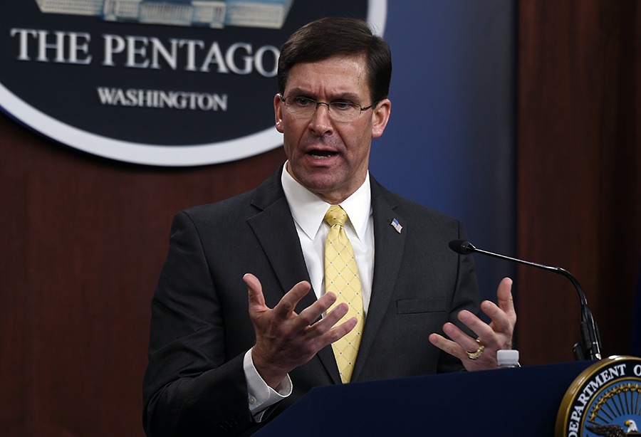 U.S. Defense Secretary Mark Esper speaks at the Pentagon on March 5. He announced in February that the Pentagon would adopt a set of ethical principles for using artificial intelligence in military applications. (Photo: Olivier Douliery/AFP/Getty Images)