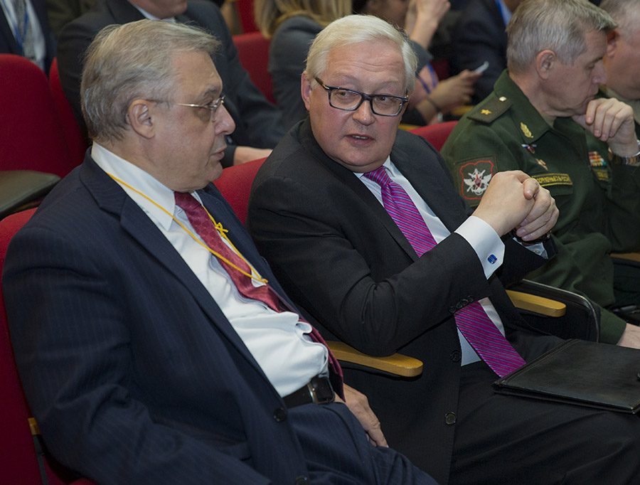 Russian Deputy Foreign Minister of Foreign Affairs Sergey Ryabkov (right) speaks with Russian Ambassador Grigory Berdennikov at a 2017 meeting. Ryabkov said in April that Russia would not be the first nation to place weapons in space. (Photo: National Nuclear Research University (MEPhI)/CTBTO)