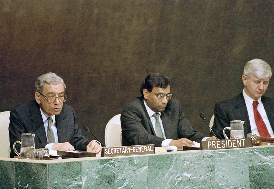 The 1995 NPT Review and Extension Conference opened on April 17, 1995, with remarks from (left to right): Secretary-General Boutros Boutros-Ghali, conference president Jayantha Dhanapala of Sri Lanka, and conference secretary general Prvoslav Davinic of the former Yugoslavia. (Photo: Evan Schneider/UN)
