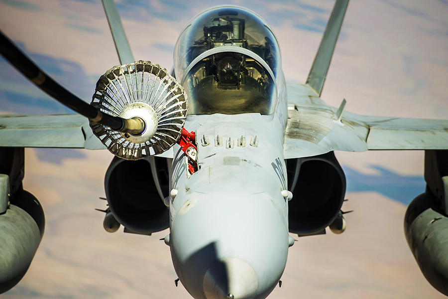 A U.S. F-18 fighter aircraft refuels in 2017. Germany is exploring acquiring 45 F-18s from the United States, 30 of which would be nuclear capable. (Photo: Trevor McBride/U.S. Air Force)