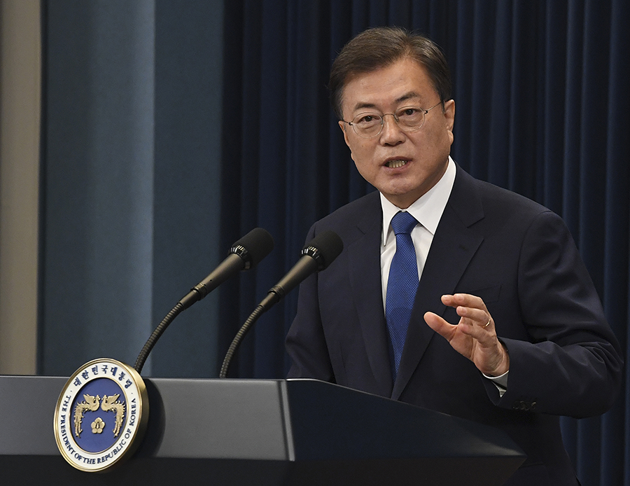 Speaking on the third anniversary of his inauguration on May 10, South Korean President Moon Jae-in said there was little progress in U.S.-North Korean nuclear talks. (Photo by Kim Min-He/Getty Images)