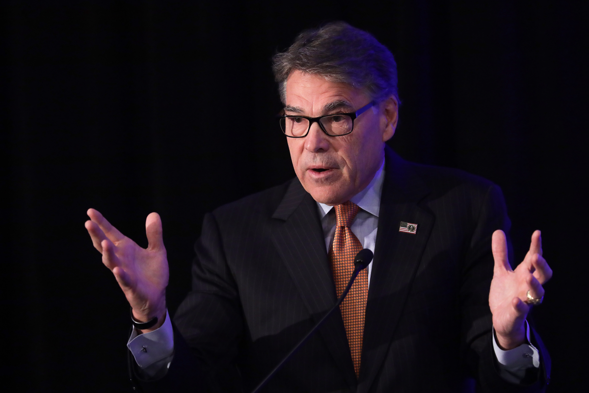 U.S. Secretary of Energy Rick Perry speaks in Washington in November 2019, shortly before he left office. Two months earlier, Perry sent a letter to Saudi energy officials demanding that the nation agree to abstain from nuclear fuel cycle activities in exchange for receiving U.S. technical cooperation.  (Photo: Alex Wong/Getty Images)