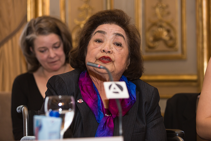 Setsuko Thurlow, speaks for the International Campaign to Abolish Nuclear Weapons at a conference in Madrid on February 24. She has spent decades describing her experience as a survivor of the 1945 atomic bombing of Hiroshima. (Photo: David Benito/Getty Images)