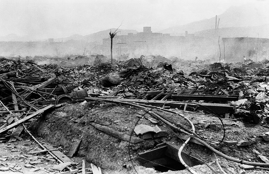 The ruins of Nagasaki on August 10, 1945, at about 700 meters from the hypocenter. The nuclear attack on Nagasaki killed an estimated 74,000 by the end of 1945 and injured approximately another 75,000. The attack occurred two days earlier than planned, 10 hours after the Soviets entered the war against Japan, and as Japanese leaders were contemplating surrender.  (Photo: UN/Yosuke Yamahata)