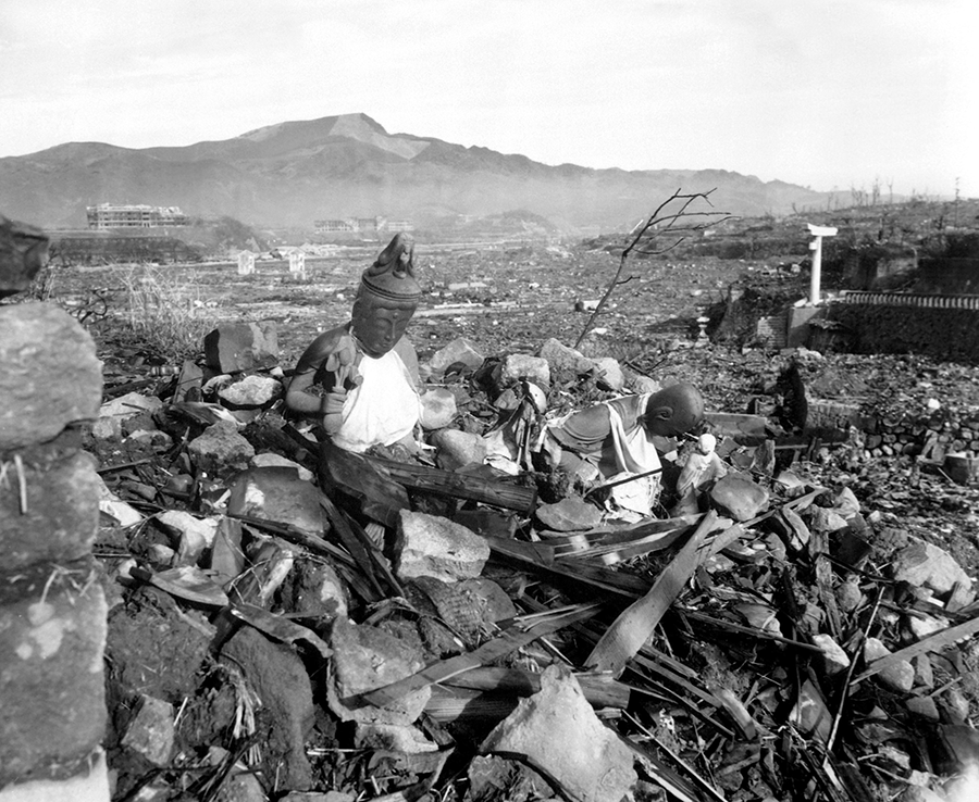 The remains of a religious temple in Nagasaki on September 24, 1945, six weeks after the bombing. Many of those who survived the Hiroshima and Nagasaki attacks would die in radiation-induced illnesses years later. The number of survivors contracting leukemia increased noticeably five to six years after the bombing. Ten years after the bombing, the survivors began contracting thyroid, breast, lung, and other cancers at higher than normal rates. These hibakusha and their descendants helped form the nucleus of the Japanese and global nuclear disarmament movement. (Photo: Galerie Bilderwelt/Getty Images)