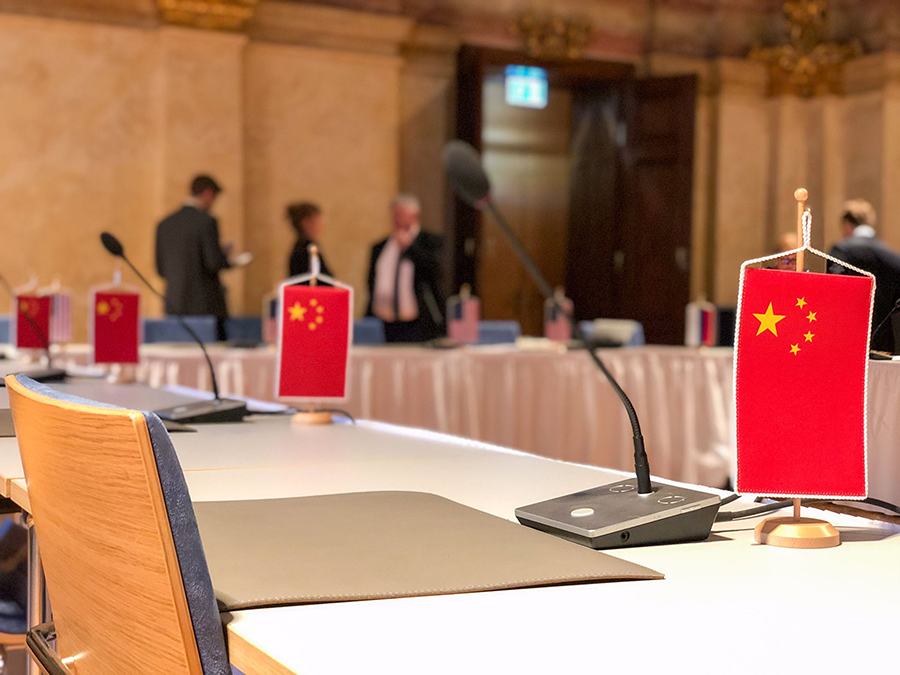 Special Presidential Envoy for Arms Control Marshall Billingslea tweeted this photo of empty seats designated for China at nuclear talks on June 22 in Vienna. Earlier in the month, Chinese Foreign Ministry spokesperson Hua Chunying said, “China has repeatedly reiterated that it has no intention of participating in the so-called trilateral arms control negotiations with the United States and Russia.” (Photo: @USArmsControl/Twitter)