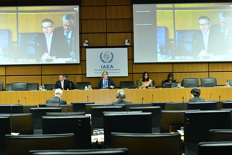 IAEA Director-General Rafael Mariano Grossi (left), delivers his opening statement to the Board of Governors on June 15. The board convened with reduced attendance to reduce risks from the coronavirus pandemic. (Photo: Dean Calma/IAEA)