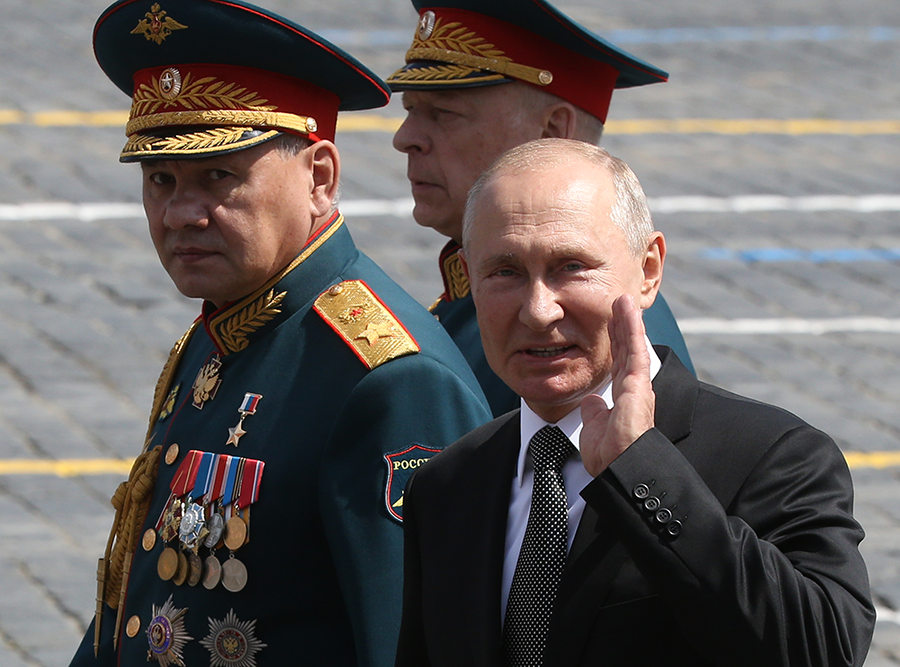 Russian President Vladimir Putin (right) and Defense Minister Sergei Shoigu (left) attend a June 24 Victory Day parade in Moscow to mark the 75th anniversary of defeating Germany in World War II. Three weeks earlier, Putin signed a new document outlining Russia's nuclear deterrence policies. (Photo: Mikhail Svetlov/Getty Images)