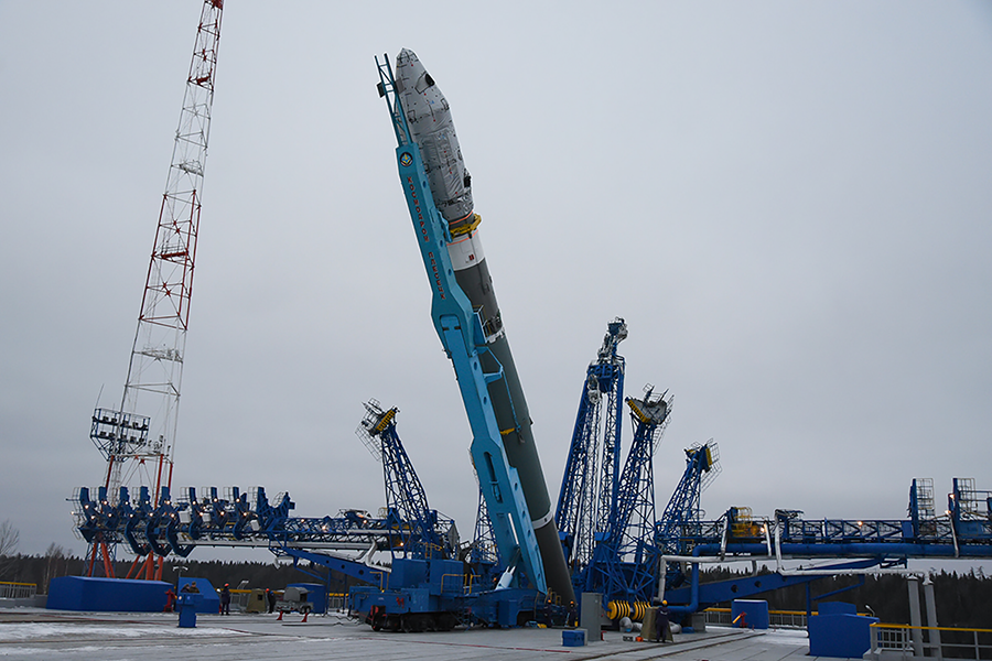 A Russian rocket topped with the Cosmos 2543 satellite is erected in November 2019. Successfully launched in December, the satellite flew "in abnormally close proximity" of A U.S. satellite in July, according to U.S. officials. (Photo: Russian Defense Ministry)