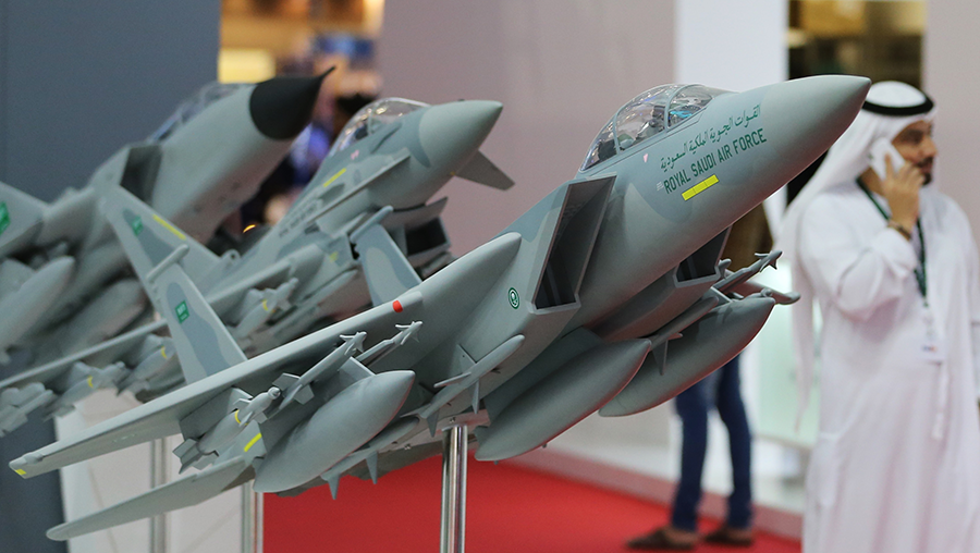 Models of U.S.-supplied Saudi Royal Air Force fighter jets are displayed at the 2017 Dubai Airshow. Last year, the Trump administration declared an emergency to forestall congressional review of certain U.S. arms sales to the Middle East. (Photo: Karim Sahib/AFP via Getty Images)