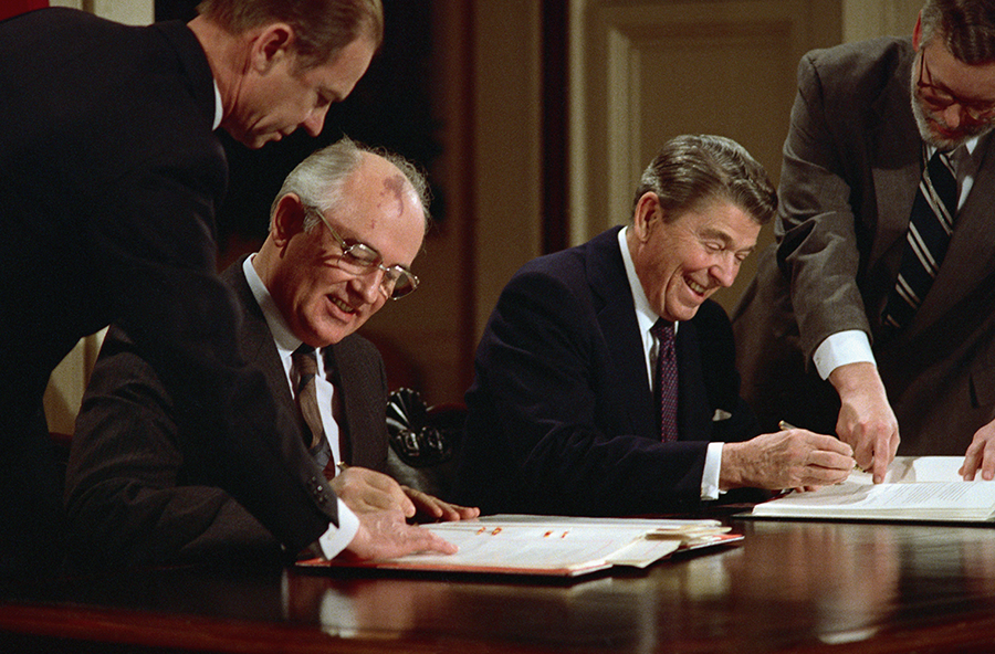 Soviet General Secretary Mikhail Gorbachev (left) and U.S. President Ronald Reagan sign the INF Treaty in Washington on Dec. 8, 1987. Among other factors, the treaty's completion reflected Gorbachev's desire to transform the Soviet Union. (Photo: Bettman/Getty Images)