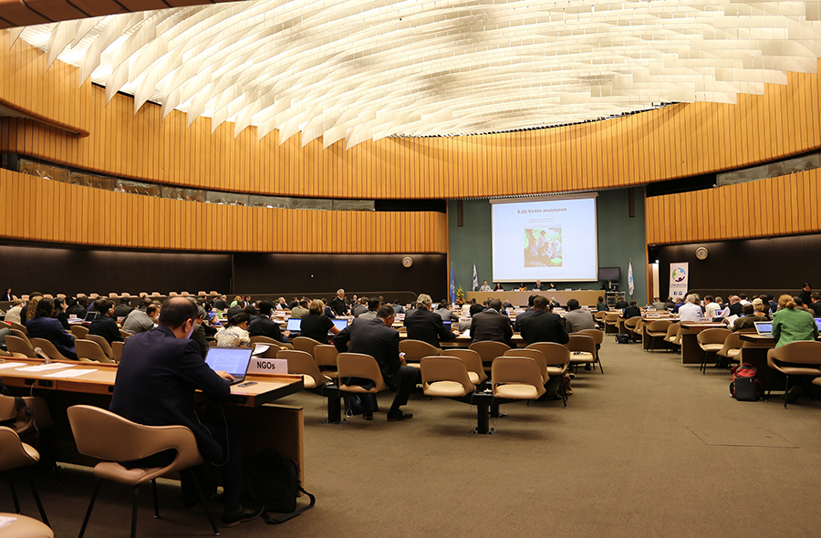 Delegates convene at the seventh meeting of the parties to the Convention Cluster Munitions in Geneva in September 2017. The treaty's second review conference is scheduled to convene in Lausanne in late November.  (Photo: Implementation Support Unit of the Convention on Cluster Munitions/Flickr)