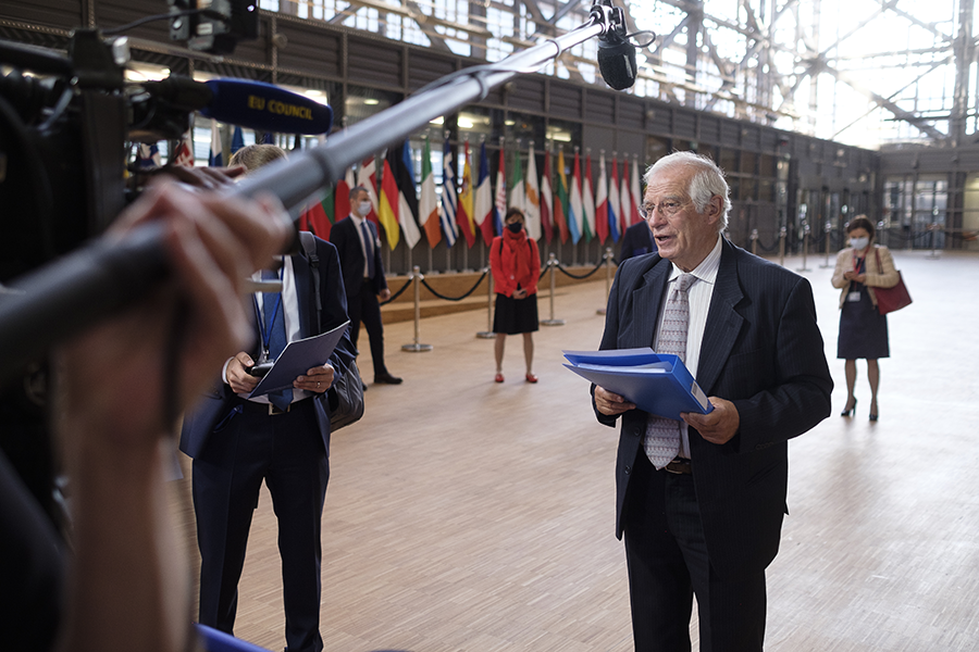 EU foreign policy chief Josep Borrell speaks to the media in Brussels on Sept. 21. He indicated that month that the United States has no standing to demand the reimposition of UN sanctions on Iran. (Photo by Thierry Monasse/Getty Images)