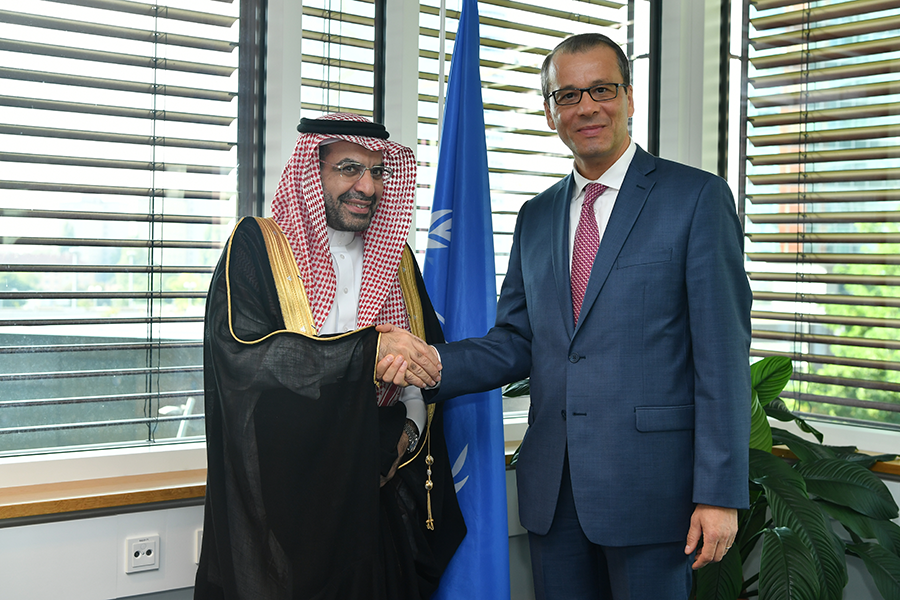 Khalid Al-Sultan (left), leader of Saudi Arabia's nuclear energy program, meets with Cornel Feruta, the acting IAEA director-general, in September 2019. Saudi and IAEA officials have continued to discussing upgrading the nation's safeguards agreement with the agency. (Photo: Dean Calma/IAEA)