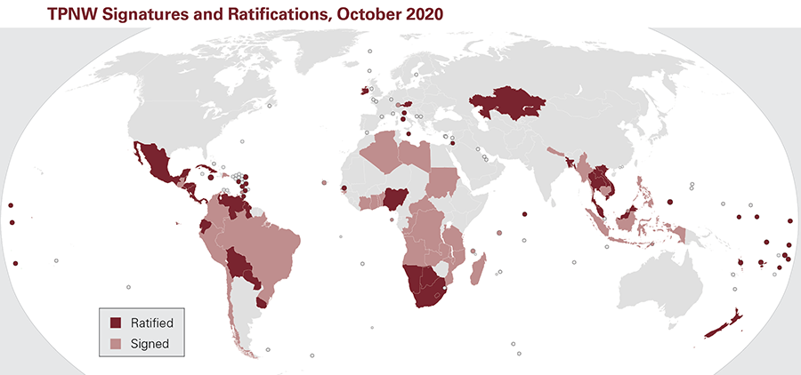 As of Oct. 24, 84 nations had signed the Treaty on the Prohibition of Nuclear Weapons, and 50 additional nations have gone further by ratifying or acceding to the pact. The treaty will enter into force on January 22, 2021. Source: UN Office for Disarmament Affairs.
