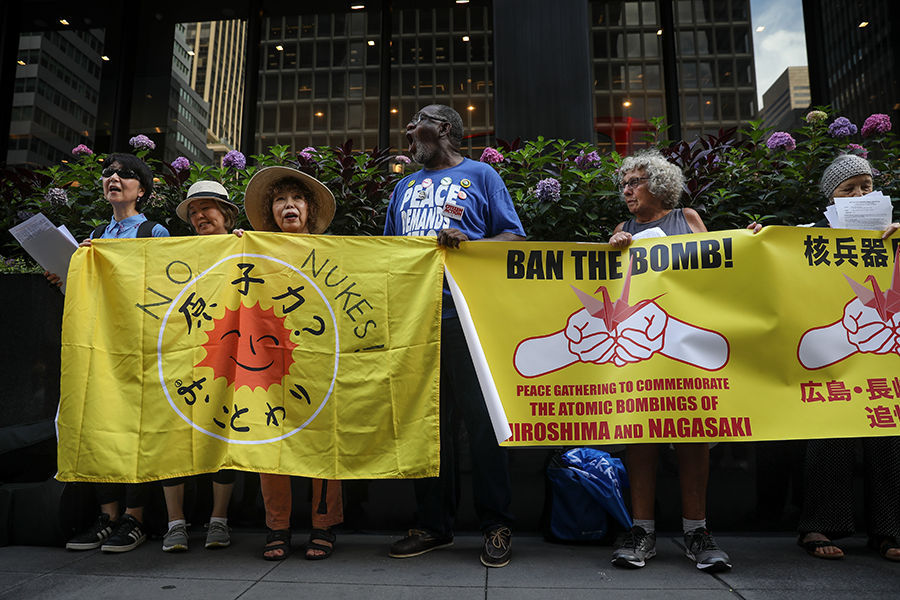 Protestors demand the abolition of nuclear weapons during a 2018 demonstration in New York. Public opinion is strongly in favor of a nuclear weapons ban, even in the the United States, where 65 percent of Americans support the nation joining the TPNW.  (Photo: Drew Angerer/Getty Images)