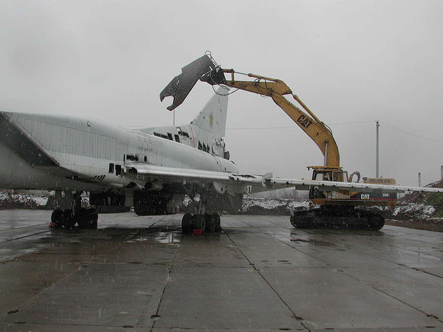 A Ukrainian strategic bomber is dismantled in 2002 with assistance from the Cooperative Threat Reduction Program. Such collaborative efforts have waned as U.S.-Russian relations have deteriorated. (Photo: DTRA)