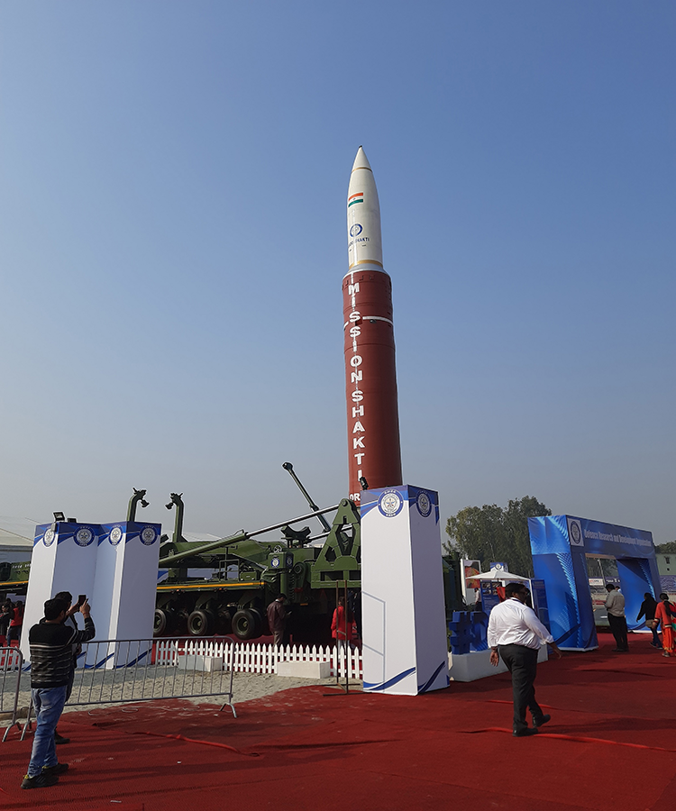 India displays its Shakti anti-satellite weapon at a defense expo in February. The weapon successfully destroyed an orbiting target in a March 2019 test that marked India as the fourth nation to succeed in such a test, after China, Russia, and the United States. (Photo: DRDO)