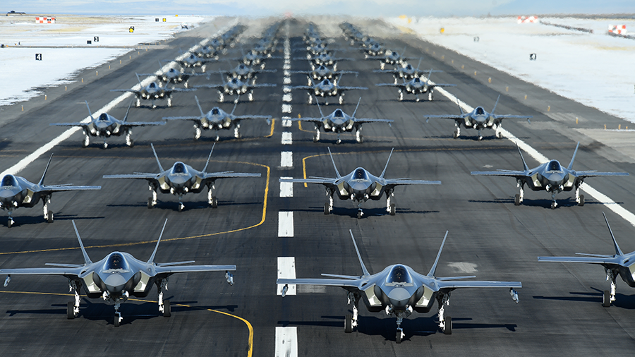 The U.S. Air Force displays two fighter wings of F-35 aircraft at a January exercise in Utah. The  Trump administration has notified Congress that it intends to sell up to 50 F-35s to the United Arab Emirates. (Photo: Nial Bradshaw/U.S. Air Force)