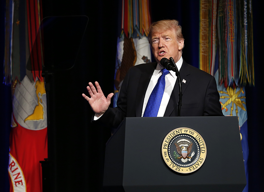 President Donald Trump speaks at a 2019 release event for the administration's Missile Defense Review. He said the aim of U.S. missiles defenses was to protect against “any missile launched against the United States—anywhere, anytime, anyplace.”(Photo: Martin H. Simon/Getty Images)