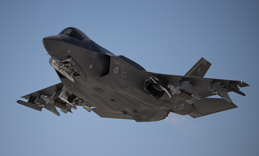 A U.S. F-35 aircraft flies a training mission at Nellis Air Force Base, Nev., in 2020. The Trump administration has announced plans to sell F-35s and other weapons systems to nations with concerning human rights records. (Photo: Bryan Guthrie/U.S. Air Force)