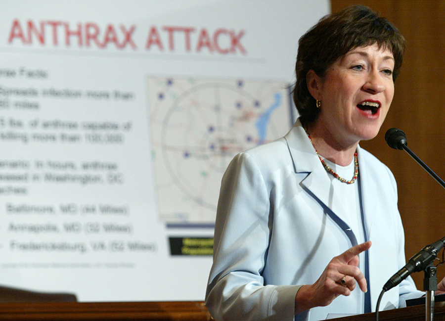 Senator Susan Collins (R-Maine) speaks to the media in 2003 to promote efforts to improve U.S. preparedness for bioterrorism. Awareness of the threat was raised dramatically by the 2001 anthrax attacks that killed five in the United States. (Photo: Alex Wong/Getty Images)