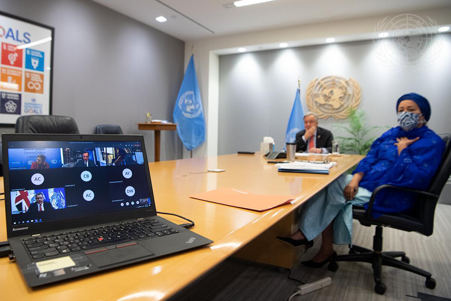 Secretary-General António Guterres (left at table) meets virtually with leaders of the UN Climate Change Conference in January. The Covid-19 pandemic has created uncertainty over what level of in-person participation will be allowed at the 10th NPT Review Conference. (Photo: Eskinder Debebe/UN)