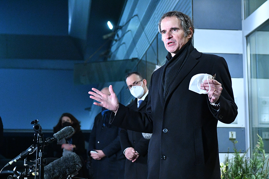 IAEA Director-General Rafael Mariano Grossi addresses the media after his arrival at Vienna International Airport on Feb. 21. (Photo: Dean Calma / IAEA)